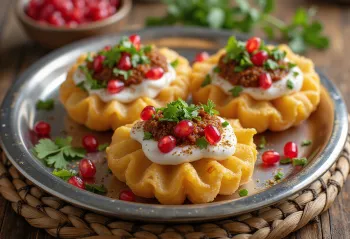 Dahi Puri pyntet med granateplekjerner og yoghurt