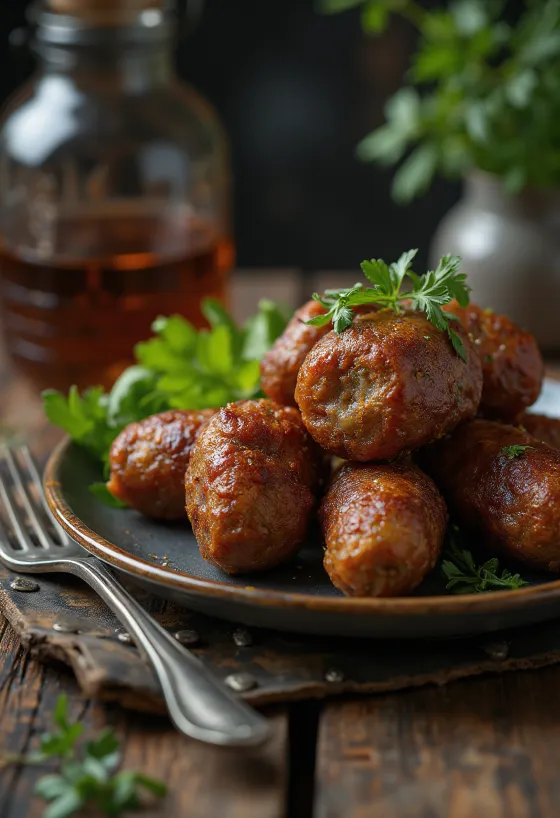 Kofta med stekte poteter, krydrede kjøttboller av storfe pyntet med frisk persille