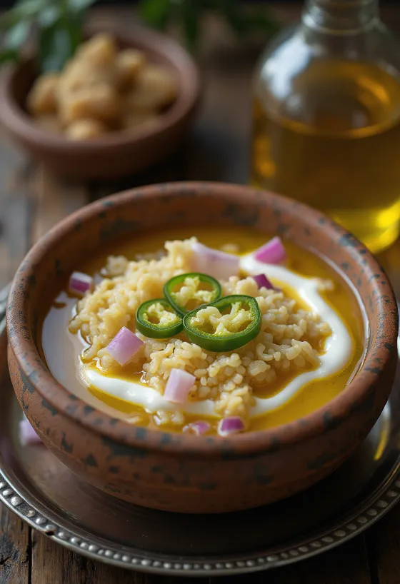 Panta bhat servert med yoghurt, toppet med grønn chili og sennepsolje-dressing