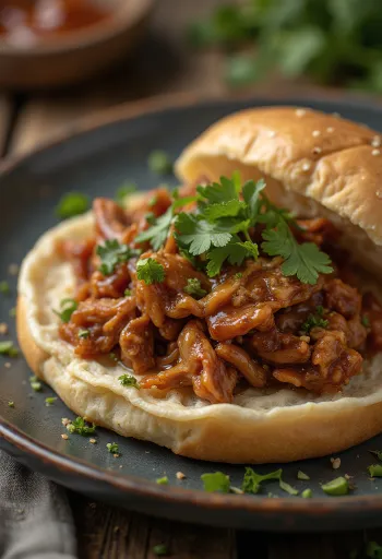 Pulled Duck, mørt barbecue andekjøtt servert med frisk koriander og kålsalat