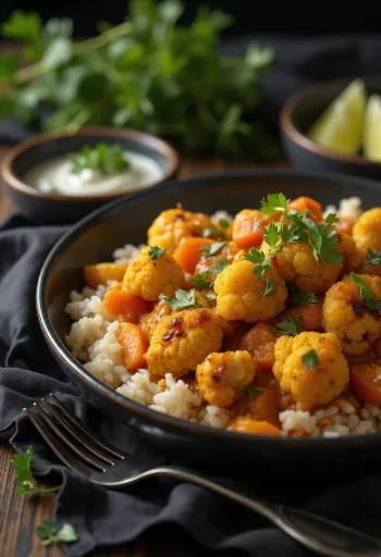 Bakte blomkålbuketter i kremet currysaus servert med ris