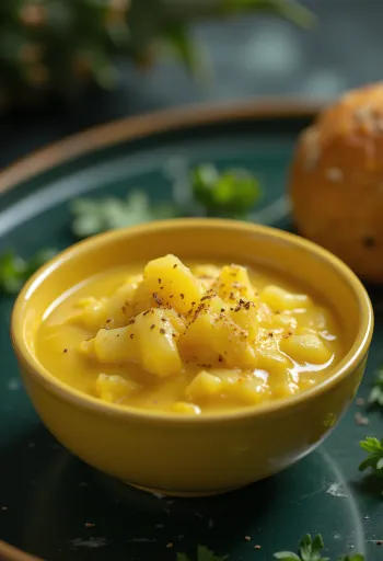 Ananas- og karri-sennepssaus servert