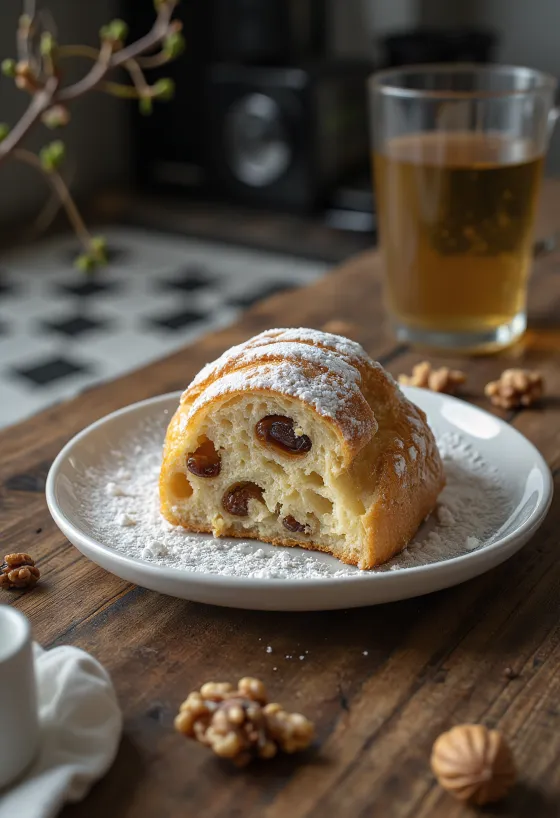 Stollen med valnøtter og rosiner i skiver, drysset med melis, med rustikk bakgrunn