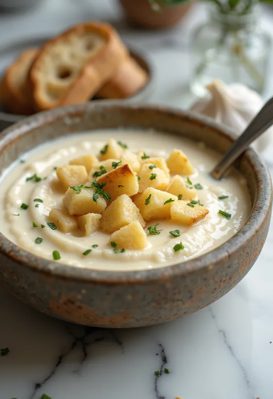Kremet hvitløksuppe med ristede brødbiter og fersk persille.