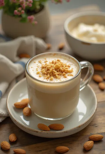 Karamell-mandelmelk servert i kopp