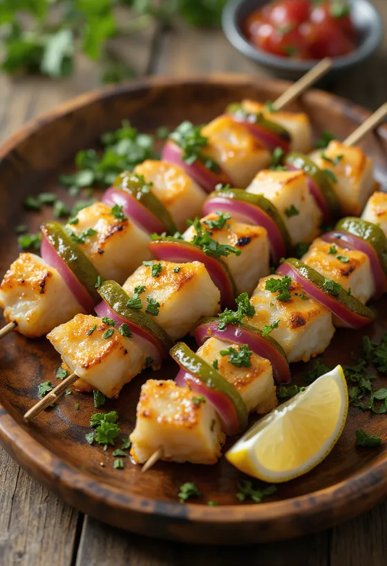 Fiskekebab, grillet, servert med frisk koriander