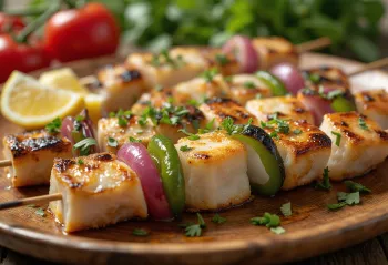 Fiskekebab, grillet, servert med frisk koriander