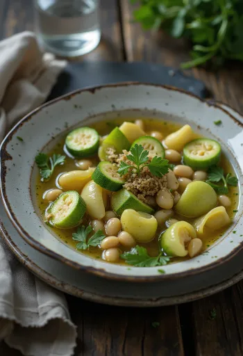Minestrone med squash, tomat og pasta servert i dyp tallerken