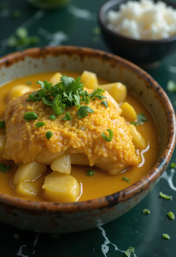 Moqueca servert med ristet maniokmel, fisk og grønnsaker