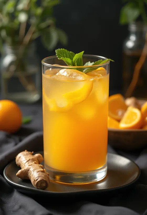 Appelsinjuice med ingefær servert fersk