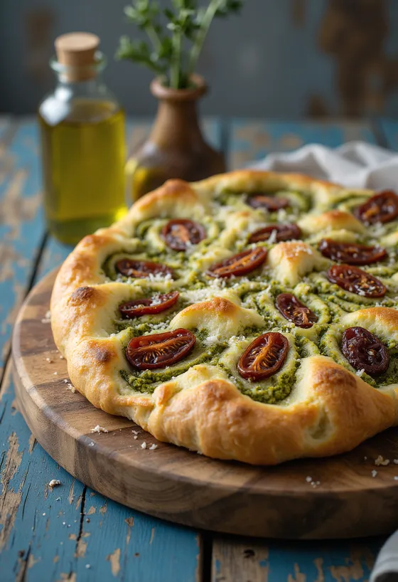 Focaccia med pesto og soltørket tomat servert