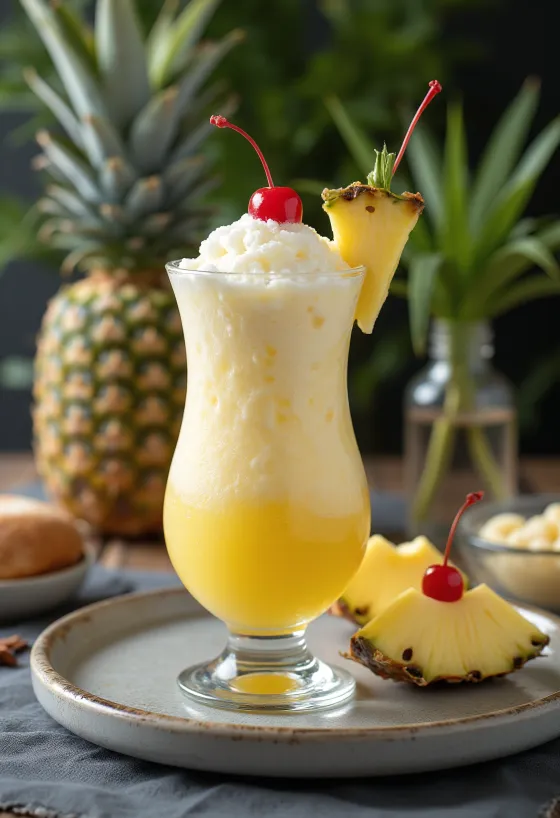 Piña Colada pyntet med fersk ananas og cocktailbær