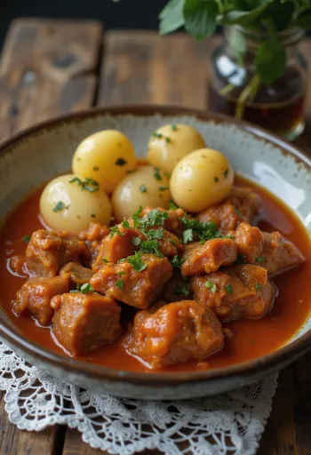 Pörkölt av fårekjøtt servert med ferskt brød og sylteagurk