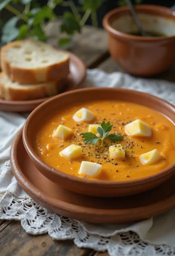 Salmorejo med kokt egg, servert med fersk koriander