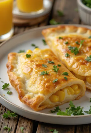 Calzone med mais, gyllenbrun skorpe, fylt med mais og ost