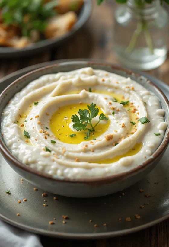 Yoghurt- og tahinisaus servert
