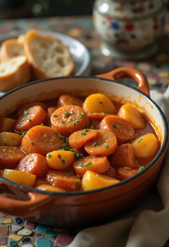 Potetgryte med saftige potetbiter, røkt pølse og drysset med fersk persille