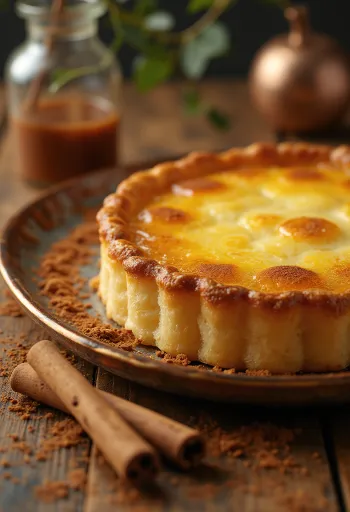 Portugisisk pastel de nata-kake med gyllenbrun topp og fylt med vaniljekrem