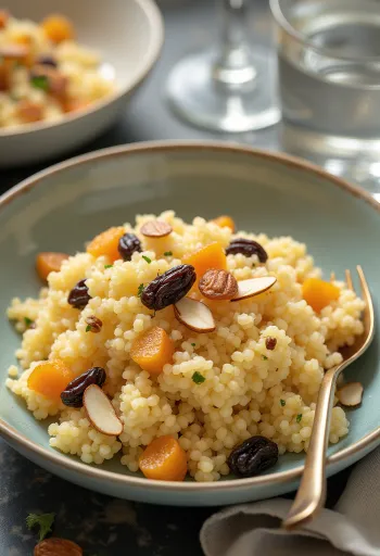 Couscous med tørket frukt, ristede mandler, servert friskt og velsmakende.