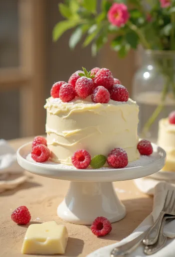 Kake med hvit sjokolade og bringebær