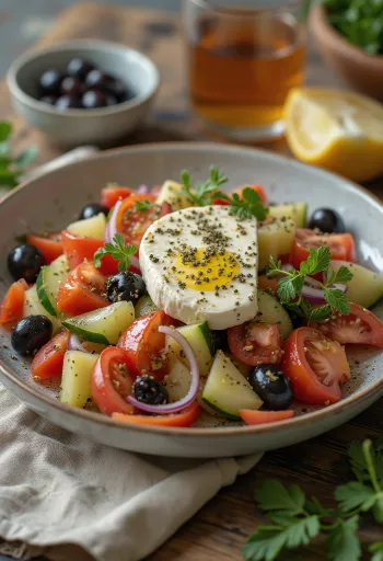 Frisk gresk salat med fetaost, oliven og saftige tomater
