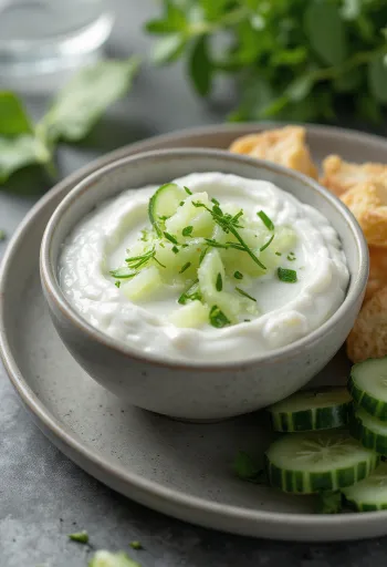 Yoghurt- og agurksaus servert med friske grønnsaker