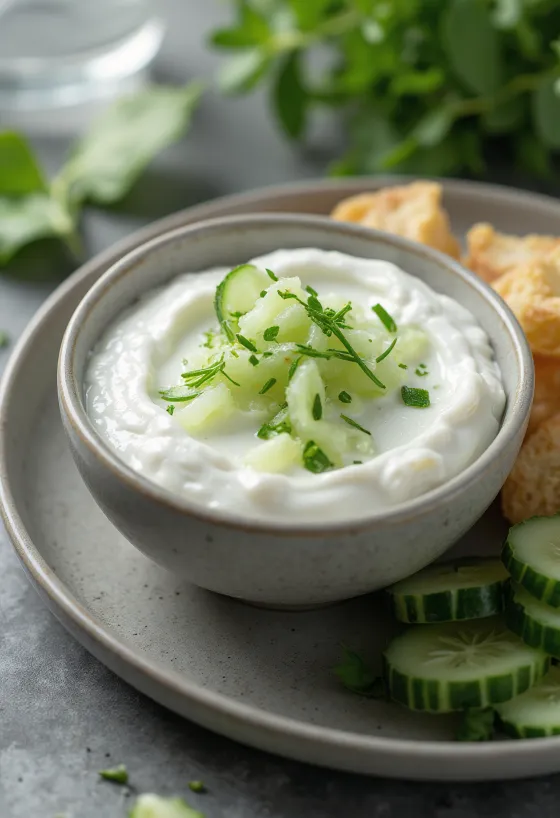 Yoghurt- og agurksaus servert med friske grønnsaker