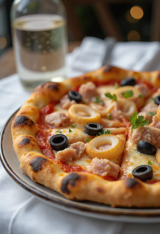 Tunfiskpizza med rødløk og sorte oliven