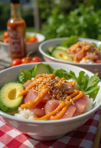 Poké bowl servert med fersk tunfisk, avokado, sesamfrø og srirachasaus