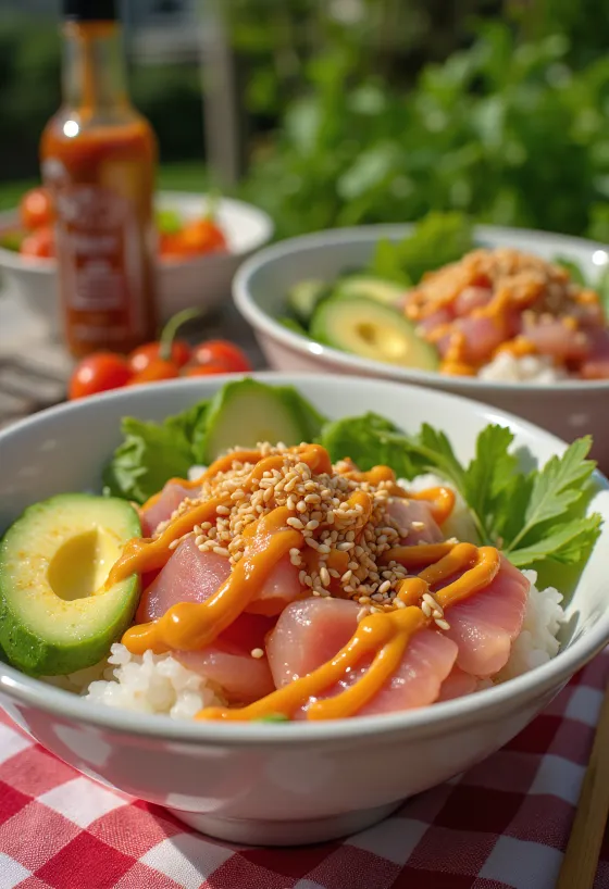 Poké bowl servert med fersk tunfisk, avokado, sesamfrø og srirachasaus