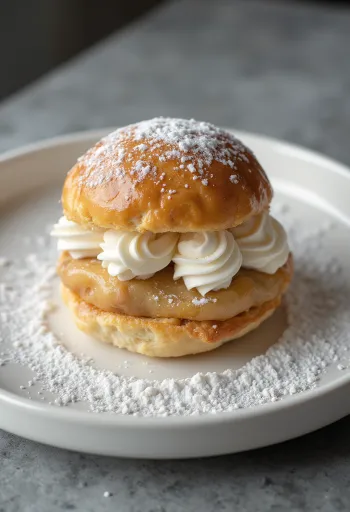Semla med marsipan, kremkake drysset med melis i rustikk servering