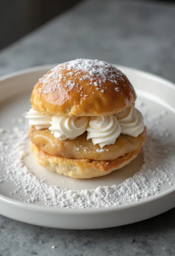Semla med marsipan, kremkake drysset med melis i rustikk servering
