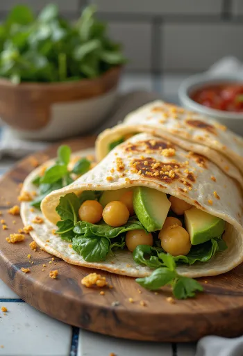 Spinatwrap med kikerter, avokado og friske grønnsaker servert