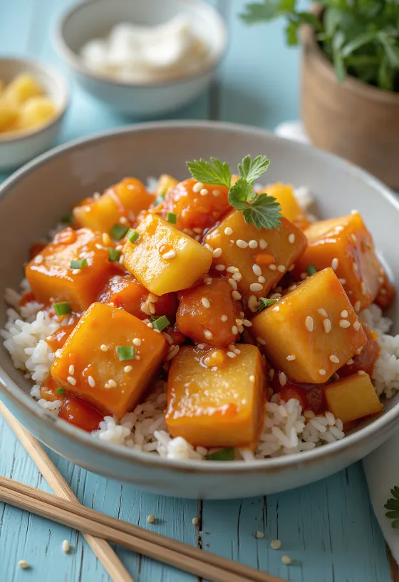 Stekt tofu i sursøt saus med paprika og ananas