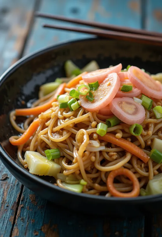 Yakisoba med grønnsaker, stekte nudler servert med fargerike grønnsaker