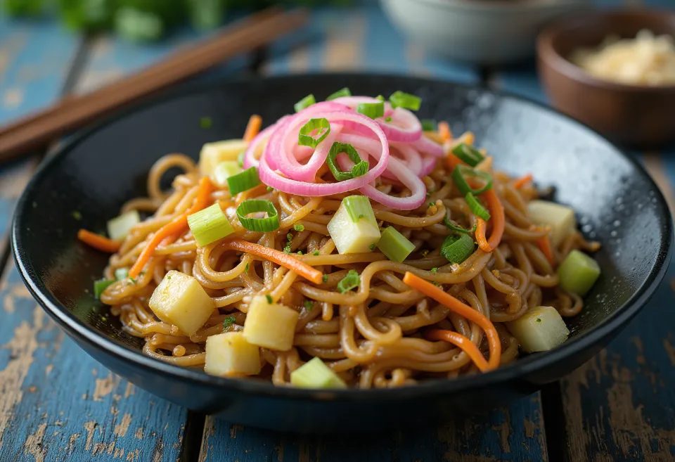 Yakisoba med grønnsaker, stekte nudler servert med fargerike grønnsaker