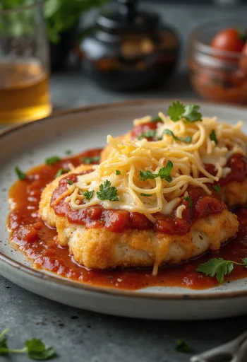 Chicken parmigiana servert med pasta og frisk basilikum