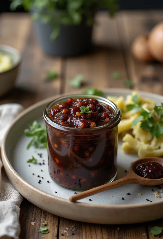 Løkchutney, pyntet med fersk koriander, krydret løksaus