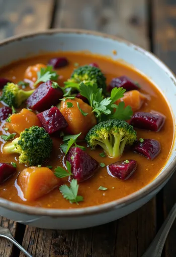 Prebiotisk gryte med brokkoli og rødbeter pyntet med fersk koriander