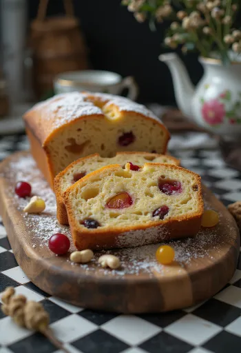 Biskopbrød i skiver, med rosiner, valnøtter og kandiserte frukter