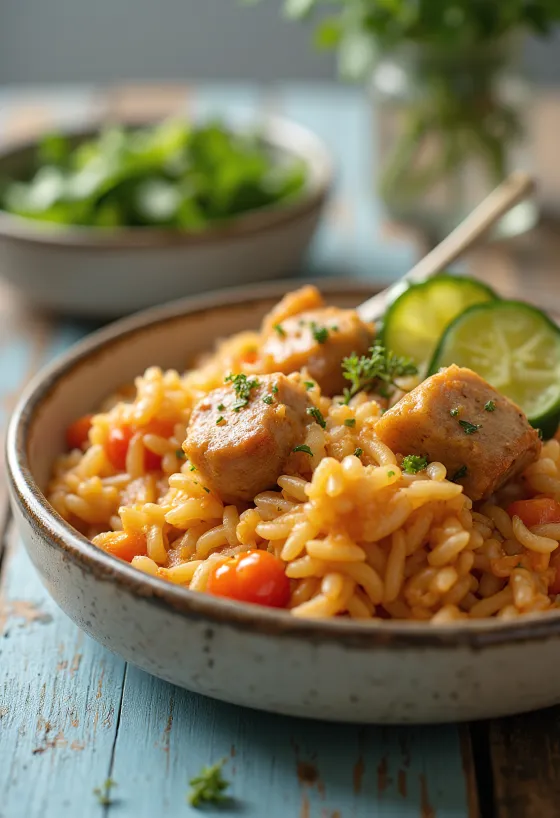 Kjøttgryte med ris, saftig svinekjøtt og grønnsaker rikt tilberedt.