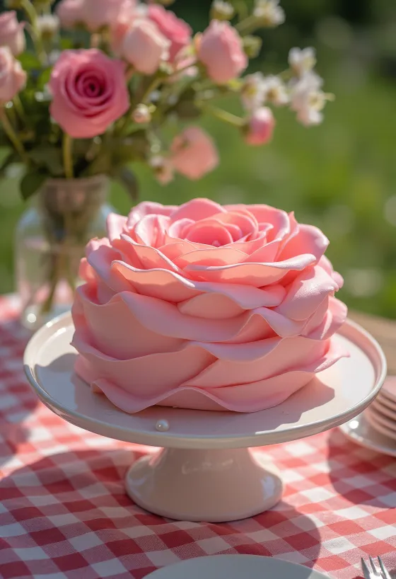 Roseformet kake med rosa og grønn fondantdekor