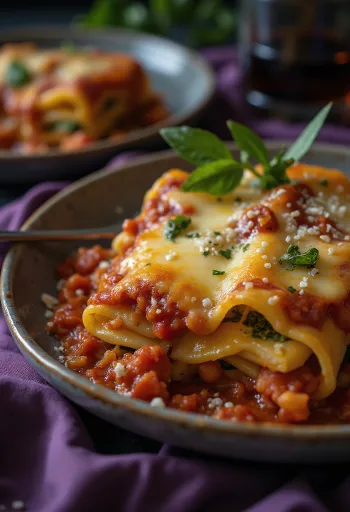 Høyt stykke lasagne med synlige lag av grønnsaker og pasta