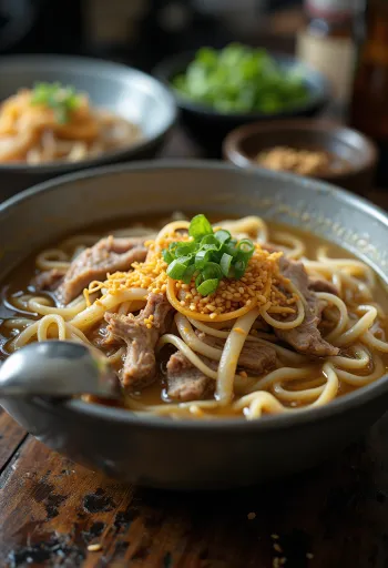 Wandu Kalguksu koreansk storfekjøtt- og kyllingsuppe servert med ferske nudler, koriander og sesamfrø