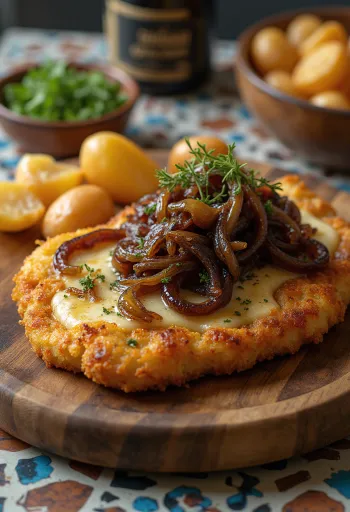 Cachopo med karamellisert løk, sprøtt panert kjøtt fylt med ost, servert med søt løk