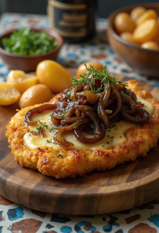 Cachopo med karamellisert løk, sprøtt panert kjøtt fylt med ost, servert med søt løk