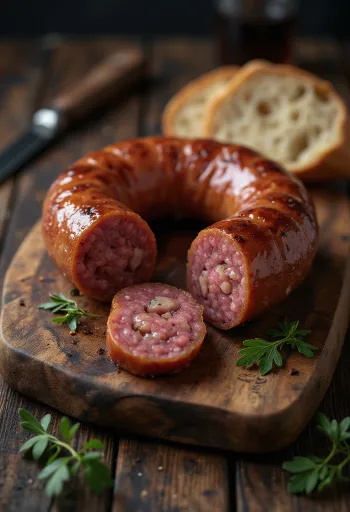 Røkt pølse skåret i skiver, servert med ferskt brød og paprika.