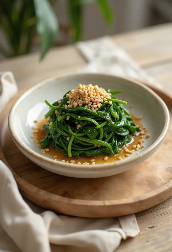 Gomae spinat, servert med sesamfrø og dressing