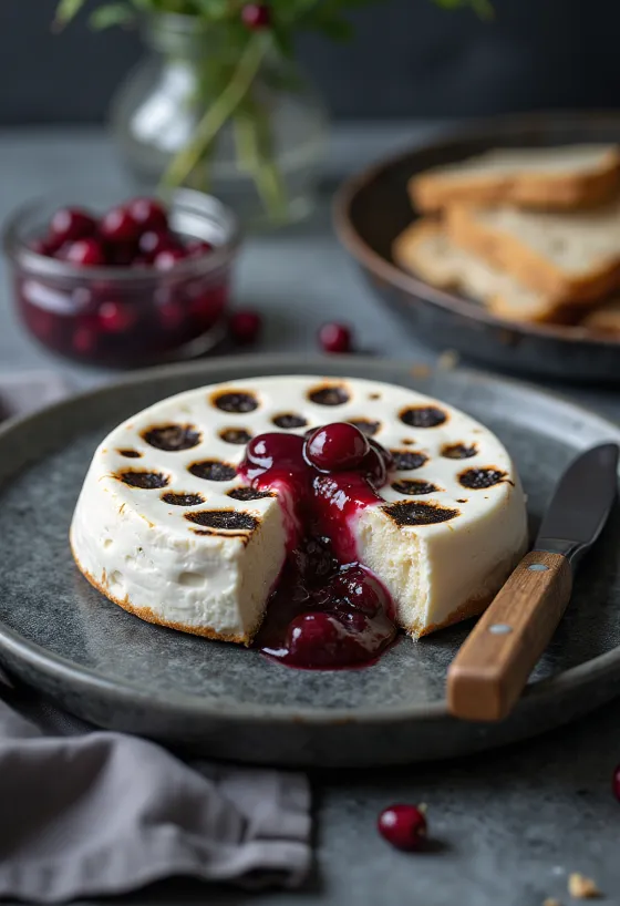 Leipäjuusto, gyllenbrun stekt finsk ost i rund form, på tretallerken
