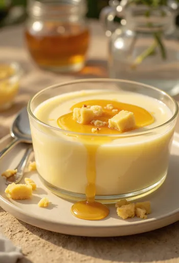 Vaniljepudding med honning i glass, pyntet med mynte